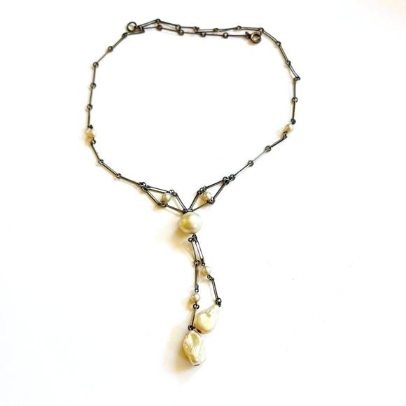 Baroque Pearl tassel collar Necklace VTG Art Deco paper clip link chain 16" - Picture 1 of 6